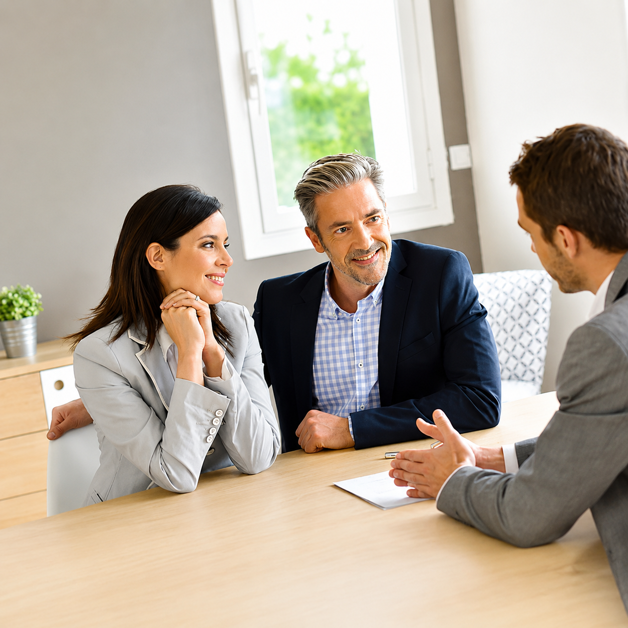 Couple souriant en rendez-vous avec un conseiller Nickel Bank pour un prêt professionnel